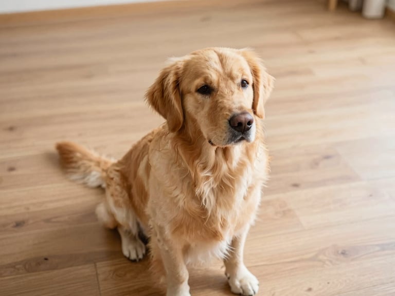 A calm, freshly groomed golden retriever sitting relaxed on a clean wooden floor, soft natural daylight, warm inviting tones, 35mm