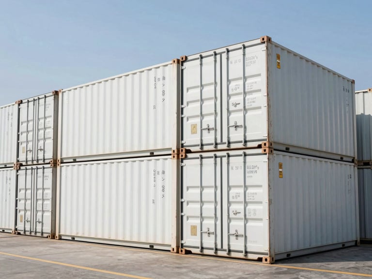 Wide-angle industrial logistics shot of pristine shipping containers stacked at a modern port under bright daylight, clean lines, high contrast.