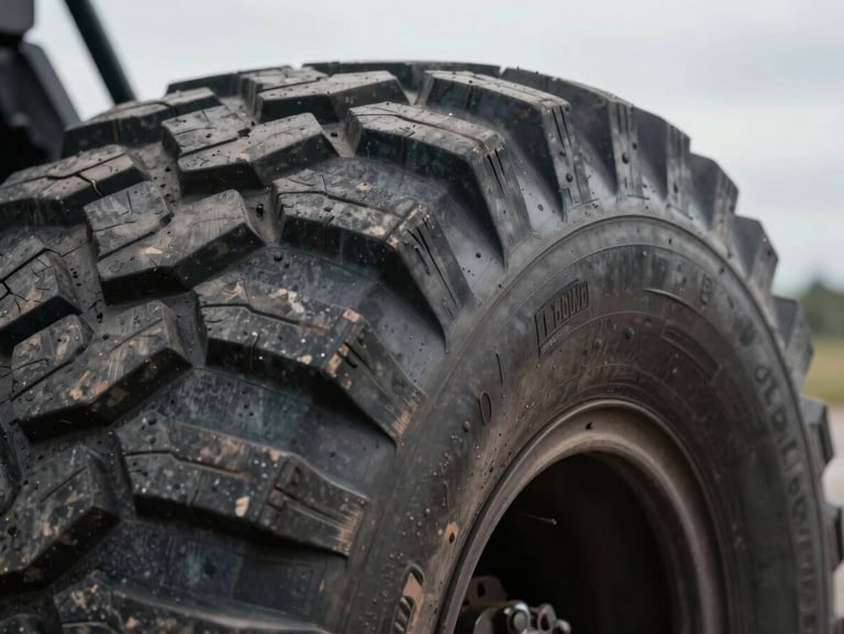 Macro close-up of deep tread pattern on a heavy-duty mining truck tire, high contrast overcast daylight
