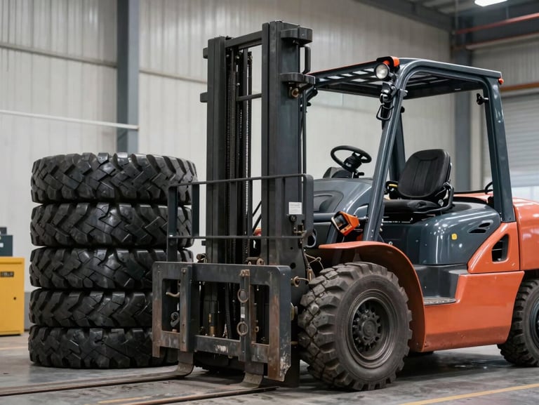 Industrial forklift tire stacked in a clean warehouse environment, sharp focus on heavy-duty side walls