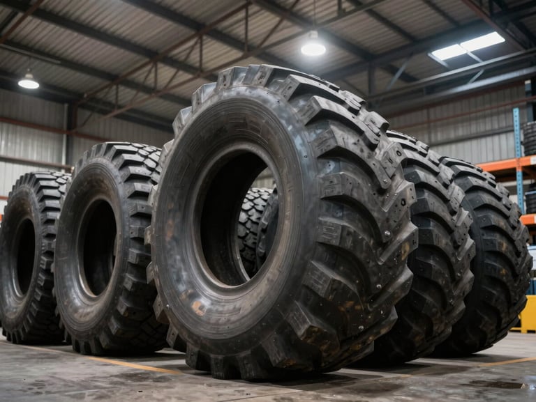 Low-angle shot of a massive warehouse in West Jakarta stacked with giant OTR tires, heavy industrial lighting, showing scale next to steel racks.
