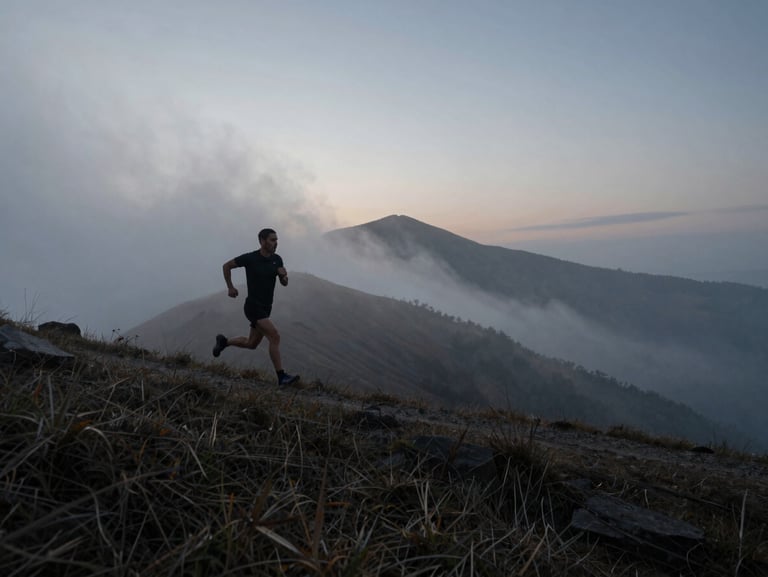 Wide cinematic shot of an athlete running on a misty mountain ridge at dawn, low-key lighting, cool atmospheric tones