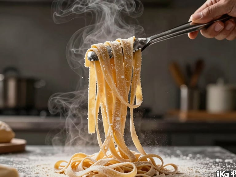 Close-up of premium artisanal pasta being lifted with tongs, steam rising, dramatic low-key kitchen lighting