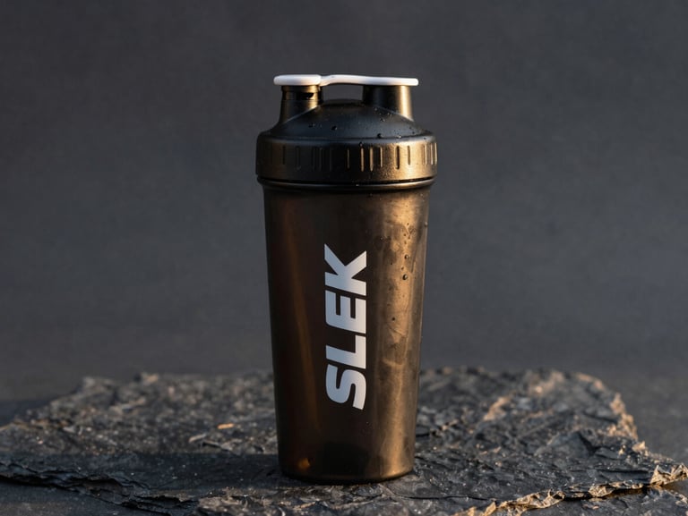 Sleek modern protein shaker bottle with matte black texture, sharp golden-hour rim lighting on a dark stone background
