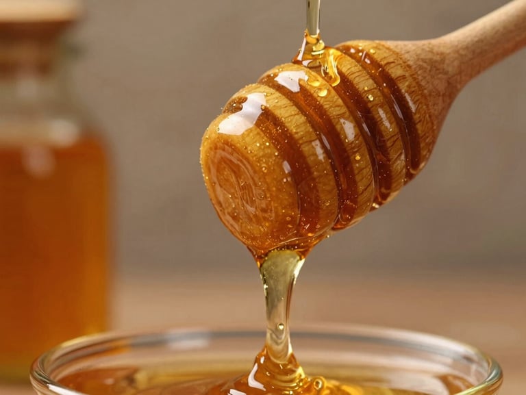 Pouring rich golden honey from a wooden dipper, macro shot, deep shadows, warm champagne highlights on the viscous texture