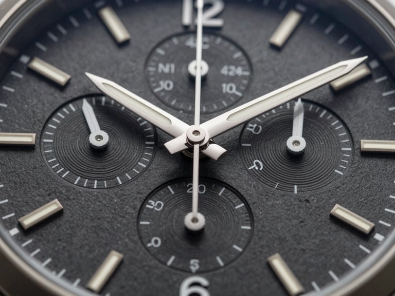 Close-up of a premium chronograph watch dial, metallic reflections on hands, sharp studio strobes, dark slate background, landscape aspect