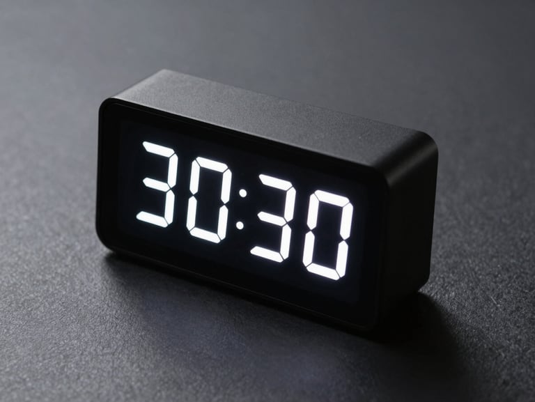Minimalist digital desk timepiece with crisp white LED interface, matte black casing, sharp studio lighting, high contrast, landscape aspect