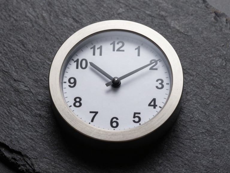 Macro flat-lay of a minimalist executive desk clock, brushed aluminum casing, sharp studio lighting, dark slate background, high contrast, landscape aspect