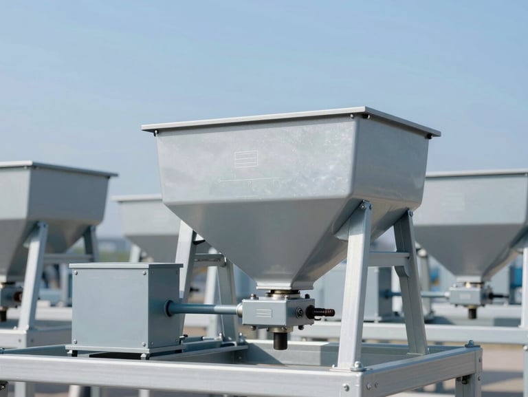Technical schematic of a hopper weighing system with load cells installed at the support legs, clean engineering diagram