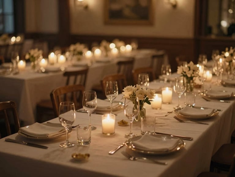 Elegant reception dinner setup with soft candles, warm indoor ambient light, cinematic wide-angle crop