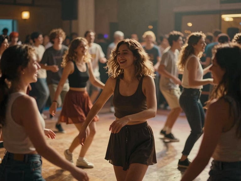 Vibrant dance floor with warm ambient lighting, candid laughter, cinematic depth of field, 35mm film look