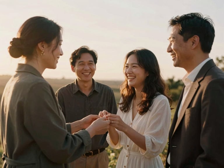 Intimate pre-wedding family rituals, warm golden hour light, candid laughter, 35mm film look