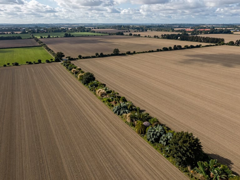 Expansive wide-angle drone shot of structured arable fields integrated with wild conservation margins, overcast natural daylight, Oxfordshire landscape.