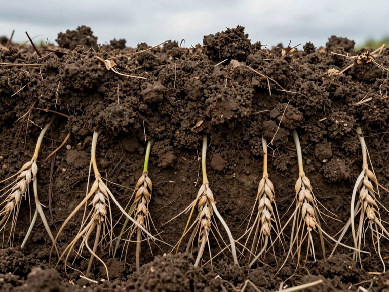 A macro close-up of dark, rich loam soil structure with healthy wheat root systems visible, captured under diffuse natural overcast daylight.