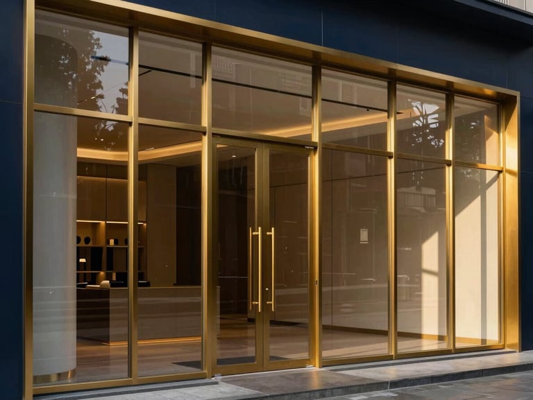 Luxury modern showroom interior in Kolkata with floor-to-ceiling glass partitions and gold-anodized aluminium window frames, soft ambient lighting