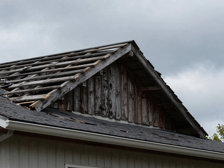 Dilapidated residential roof with water damage and sagging wooden rafters under overcast Ohio sky, gritty industrial photography