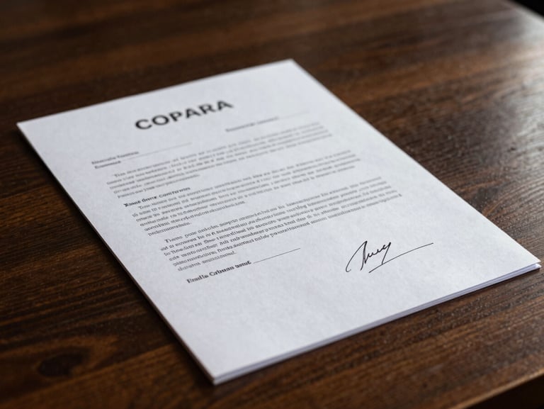Close-up of a signed financial contract on a dark wooden table, soft warm interior light accenting the paper, deep shadows.