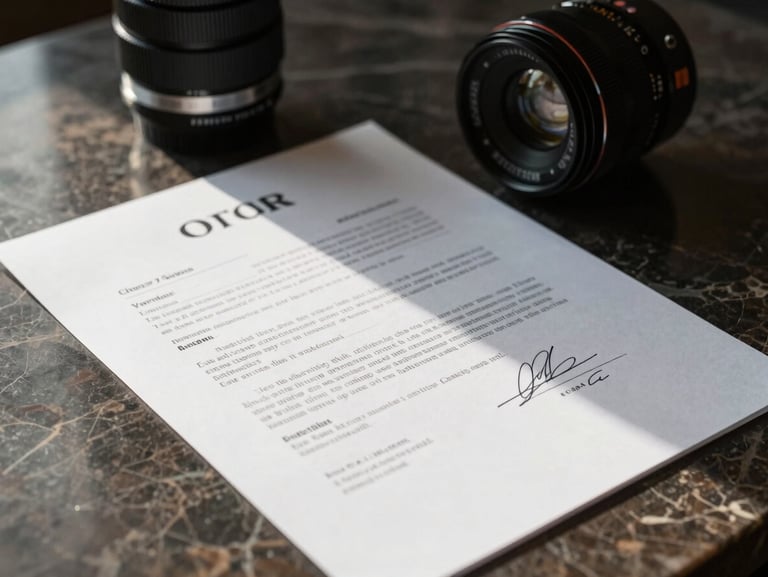 Close-up of a signed financial contract on a dark marble desk, low-key natural lighting, deep shadows.