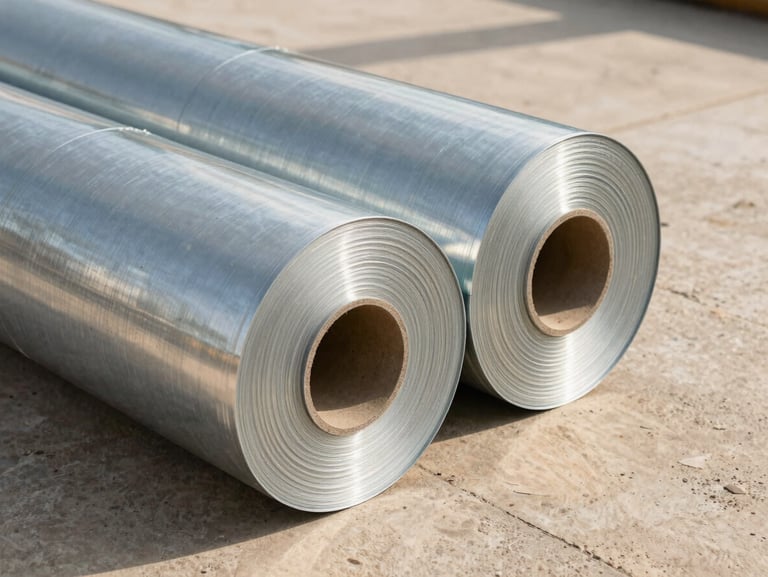 Rolls of galvanized steel sheet for roofing and structural rolling, clean industrial textures, warm lighting