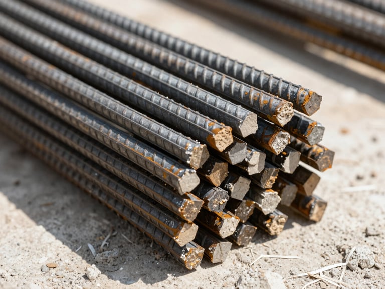 Macro shot of ribbed steel rebar stacked on a clean construction site, bright natural sunlight, high contrast shadows