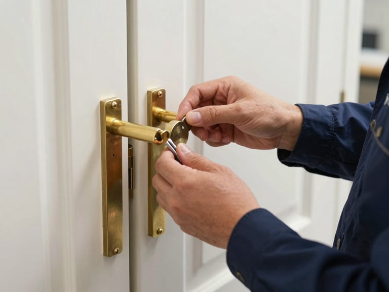 Close-up of a technician in a crisp navy uniform adjusting a high-end brass door fixture, clean hands, professional tools neatly arranged