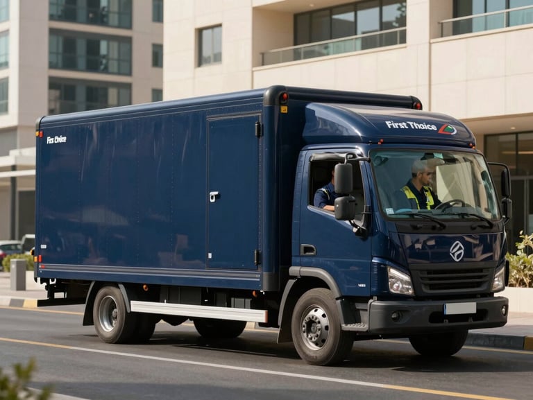A branded, clean navy blue First Choice moving truck parked on a modern Zayed City street during bright UAE daylight, with a uniformed crew member securing cargo doors.