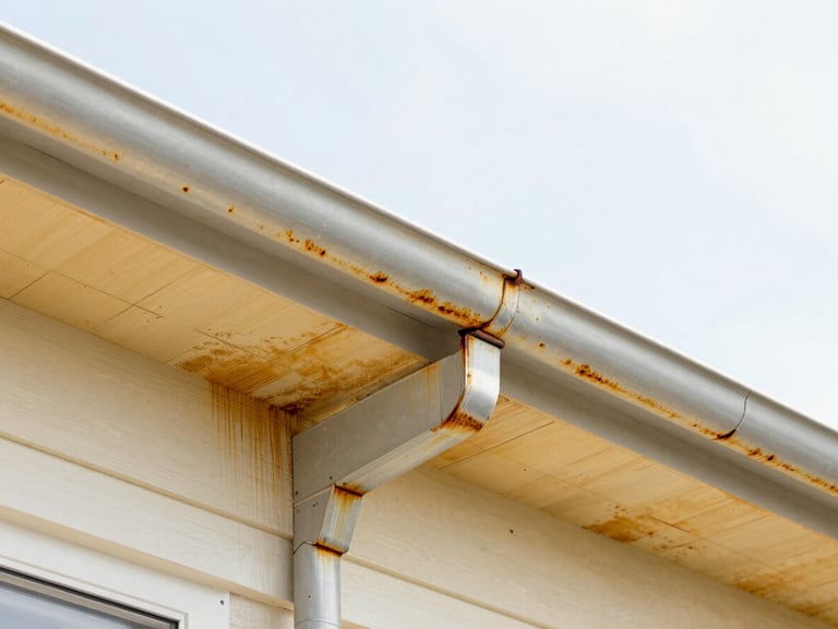 Old sagging rusted sectional gutters on a residential roofline, visible water stains on the wooden fascia board.