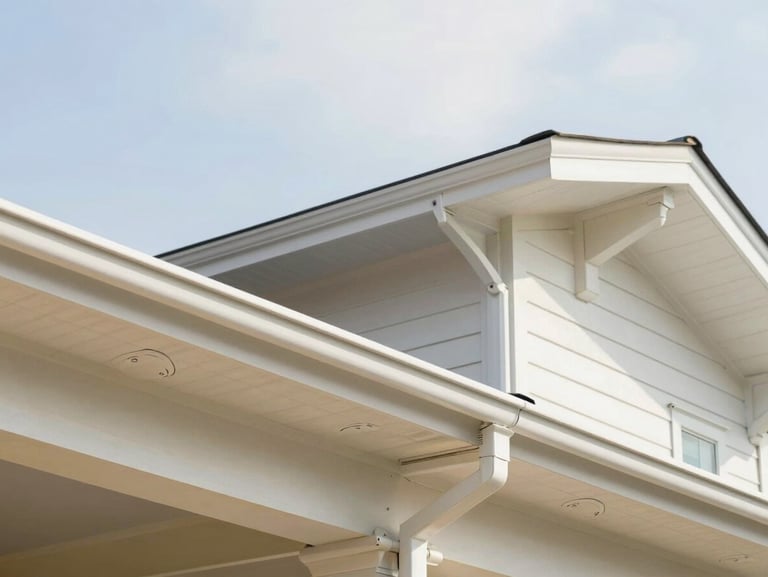 Clean seamless gutters perfectly aligned with a residential roofline, durable gutter guards installed, bright natural daylight.