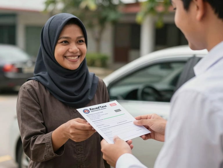A smiling Sabahan customer receiving their renewed road tax document envelope from a friendly advisor, warm natural outdoor lighting.