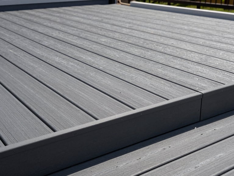Wide environmental shot of a completed composite decking installation, charcoal-grey boards running parallel under flat north-facing daylight, clean fascia board detail at the deck edge, no people present