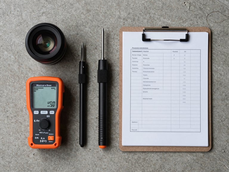 Overhead flat-lay of inspection tools — moisture meter, probe, and clipboard with technical notes — laid on a concrete surface under controlled studio lighting, precise arrangement