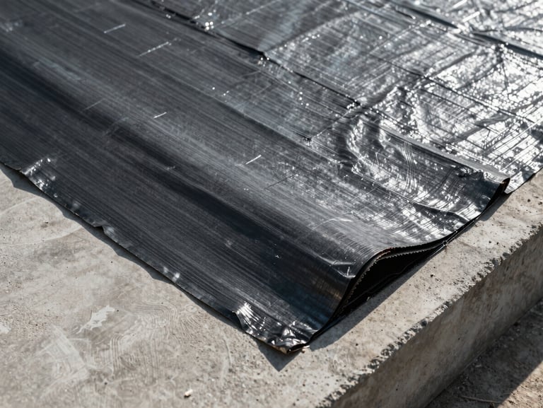 Extreme close-up overhead flat-lay of a waterproofing membrane layer being applied to a concrete balcony substrate, controlled studio lighting revealing texture and material layers, trowel edge visible at lower right