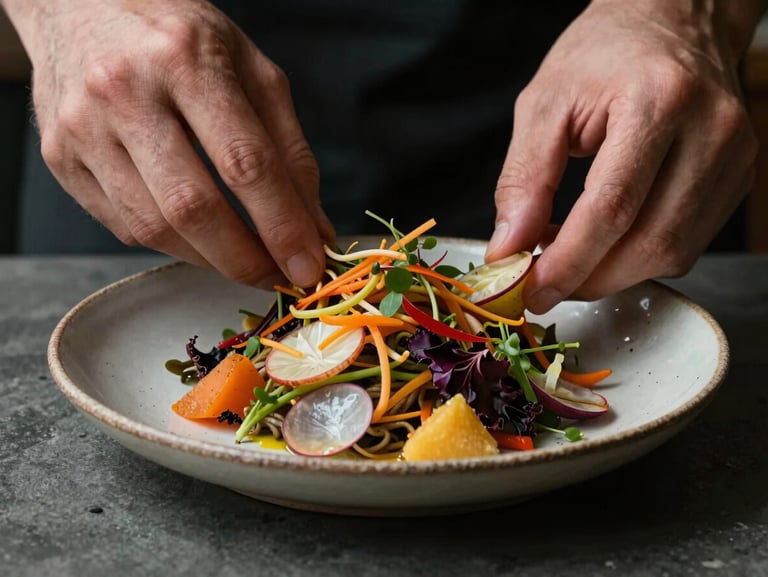 Close-up of hands-at-work plating a vibrant seasonal dish on a rustic ceramic plate, extreme texture of raw ingredients, moody side-lit natural light with soft deep shadows.