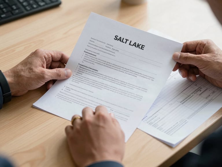 Close-up of hands reviewing official compliance documents and tax registers on a clean wooden desk under natural daylight in a Salt Lake office.