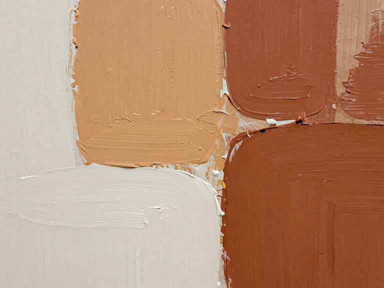 Close-up macro detail of an abstract expressionist painting, thick textured brushstrokes of ochre and deep terracotta, natural gallery lighting