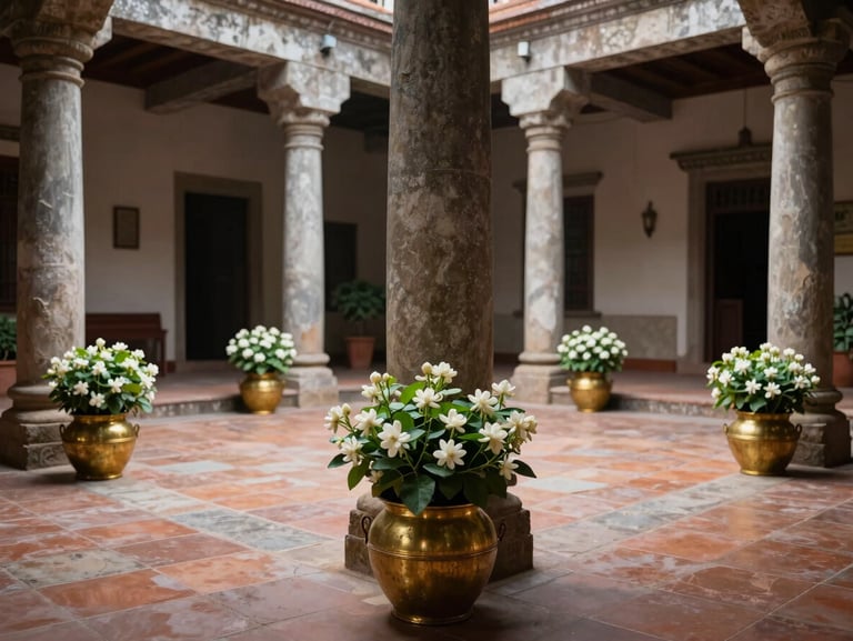 A central open-air courtyard with traditional stone pillars, terracotta tiled floor, brass pots with fresh jasmine flowers, soft afternoon light