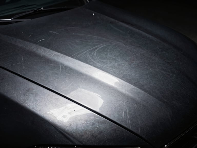Macro shot of a black car hood under a single point light source showing heavy swirl marks, spiderweb scratches, and dull oxidized paint, harsh contrast