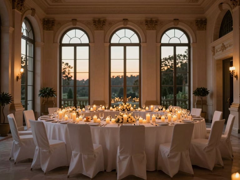 Panoramic low-angle view of a candlelit wedding reception setup in an elegant villa, empty chairs draped in ivory linen, warm golden hour light filtering through tall arched windows, no guests present, architectural and still