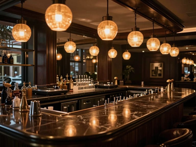 Wide environmental shot of an empty luxury hotel bar at closing time, warm amber pendant lights reflected in dark lacquered surfaces, a single turntable visible on a shelf in the background, no people, atmospheric and precise