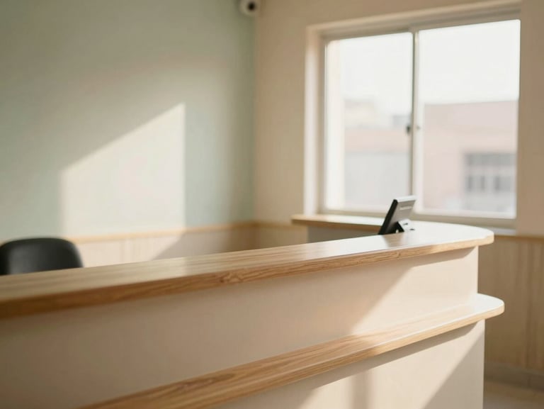 Warm environmental shot of a clean, sunlit medical clinic reception in Jaipur, wooden accents, soft natural light, shallow depth of field, 35mm