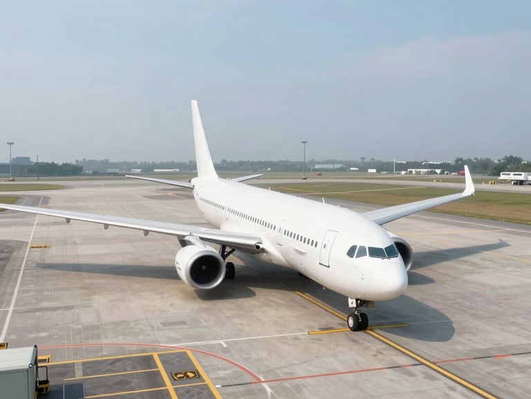 Bird's-eye overhead view of a single commercial airplane on a wide tarmac apron, bright overcast daylight, flat clean digital illustration style, sky-blue and white tones, no people, no crowds, minimal stylized rendering of Indonesian airport ground markings
