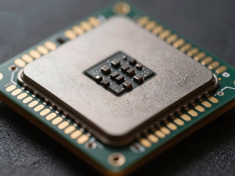 Extreme close-up macro photography of a mobile system-on-chip processor, sharp edge-lights illuminating metallic textures and silicon pathways, dark atmosphere.