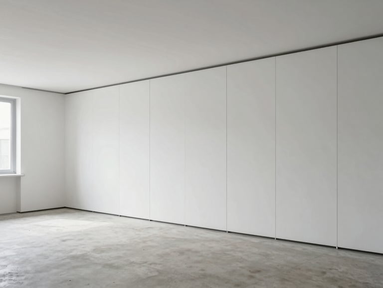 Interior view of a spacious room with flawless Gyproc partitions and ceiling, raw concrete floor, soft natural light.