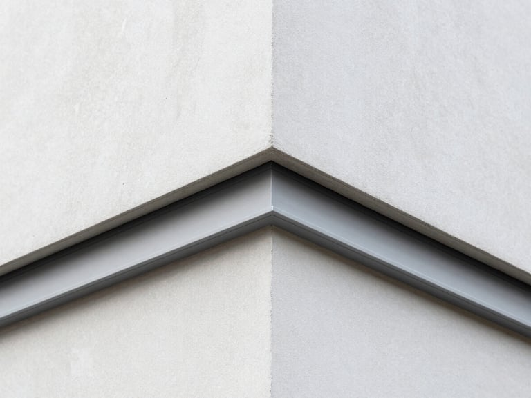 Close-up of a perfectly sharp window frame angle on a modern plaster facade, clean silicone joints, precise execution.