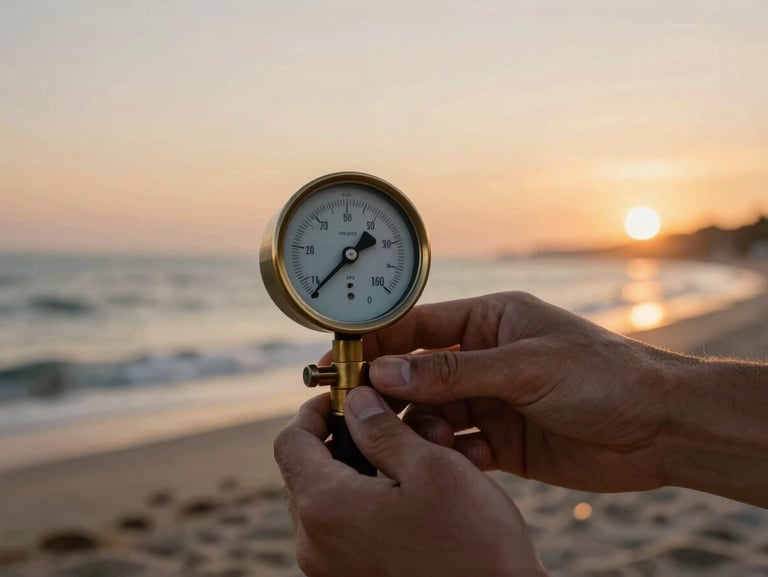 Close-up of hands gently adjusting a vintage brass dive pressure gauge on a sandy shore at sunset, warm low-contrast light.