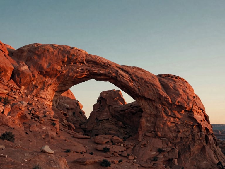 Dusty red sandstone arches in Arches National Park under a warm sunset sky, low-angle shot, cinematic travel style