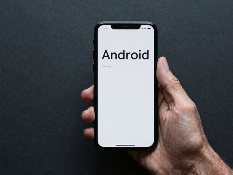 Macro top-down flat lay of an older adult's hand holding a modern Android phone, displaying a simplified high-contrast interface with large typography, cool studio lighting.