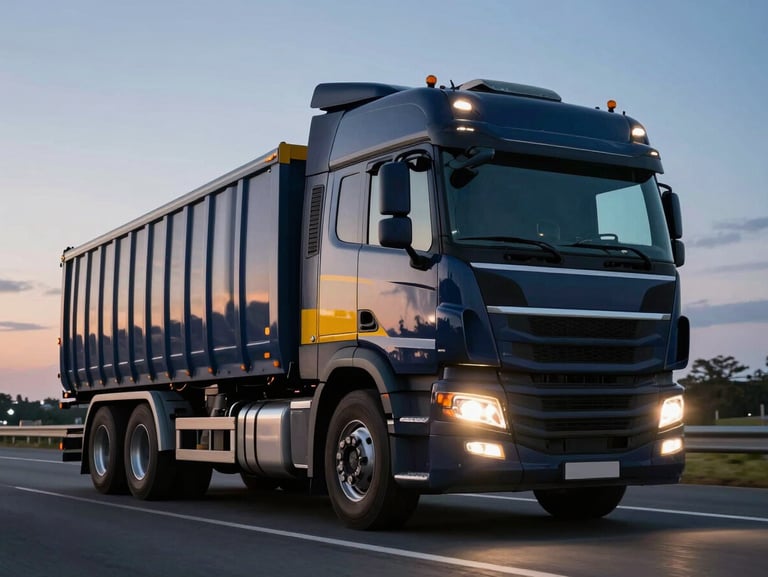 Low-angle heroic shot of a pristine modern heavy-duty cargo truck on a highway at dusk, headlights cutting through the twilight, deep navy and yellow accents visible on the cabin, clean crisp lighting.