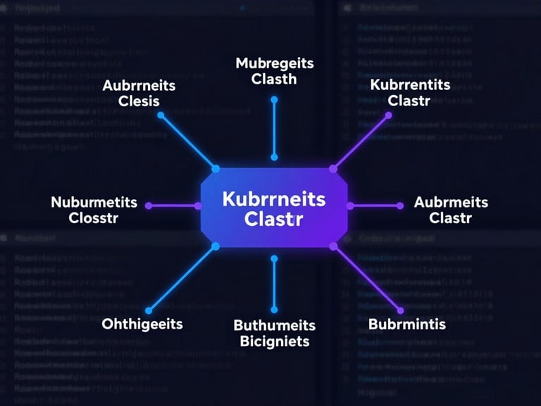 Flat technical orthographic projection of a multi-region Kubernetes cluster schematic, glowing neon blue and violet connection lines, dark-mode terminal environment background, sharp vector details.