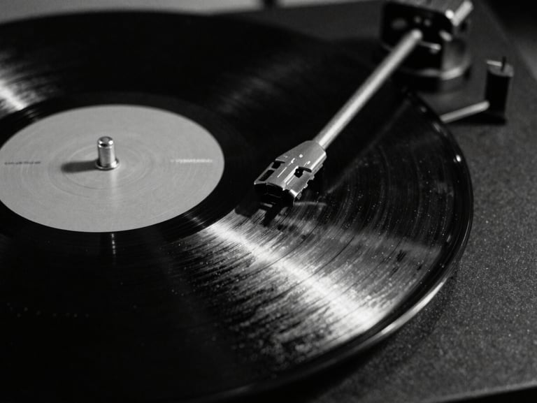 Extreme close-up of a spinning vinyl record in a dark studio, harsh key light reflecting off the grooves, gritty black and white, 35mm film.